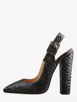 Black High Heels Chunky Heel Snake Pattern Pointed Toe Slingback Pumps