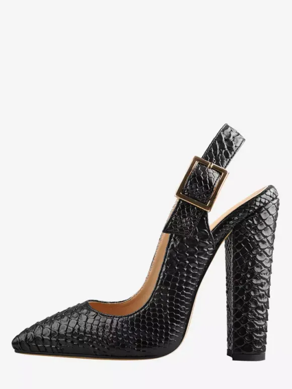 Black High Heels Chunky Heel Snake Pattern Pointed Toe Slingback Pumps
