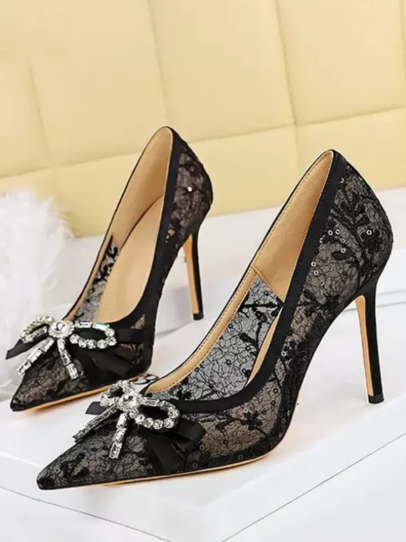 Black High Heels Lace Pointed Toe Rhinestones Bow Slip On Pumps