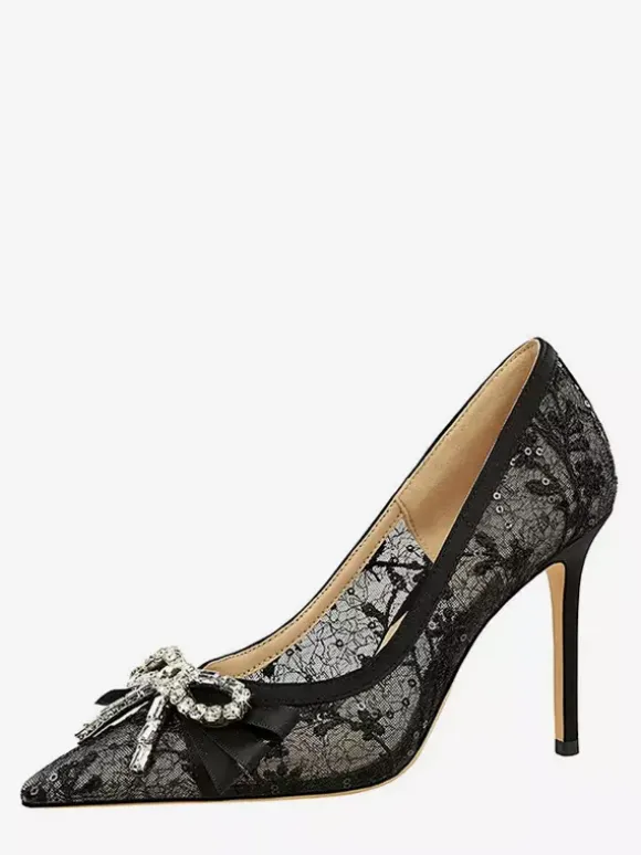 Black High Heels Lace Pointed Toe Rhinestones Bow Slip On Pumps