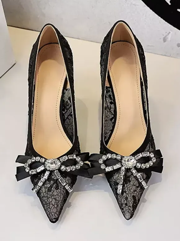 Black High Heels Lace Pointed Toe Rhinestones Bow Slip On Pumps