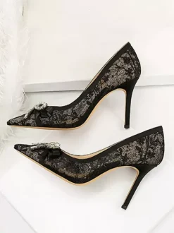 Black High Heels Lace Pointed Toe Rhinestones Bow Slip On Pumps