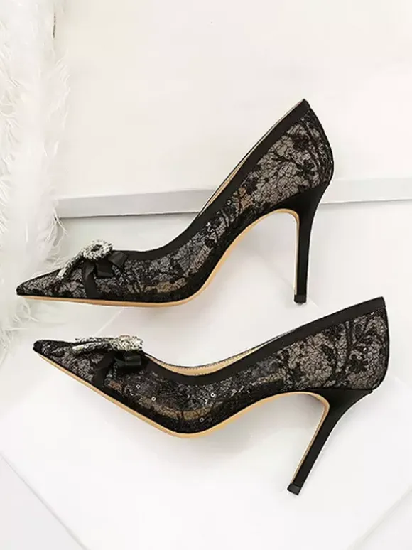 Black High Heels Lace Pointed Toe Rhinestones Bow Slip On Pumps