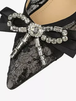 Black High Heels Lace Pointed Toe Rhinestones Bow Slip On Pumps
