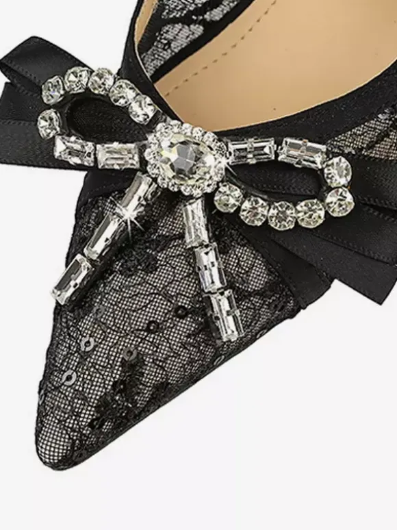 Black High Heels Lace Pointed Toe Rhinestones Bow Slip On Pumps