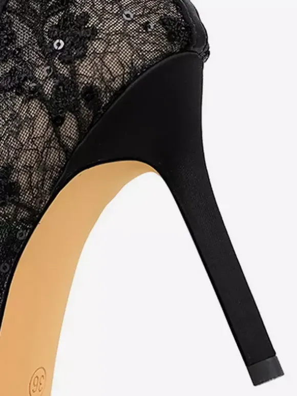 Black High Heels Lace Pointed Toe Rhinestones Bow Slip On Pumps