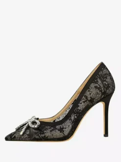 Black High Heels Lace Pointed Toe Rhinestones Bow Slip On Pumps