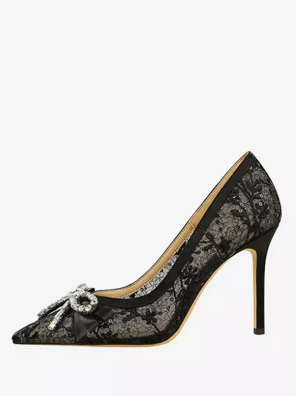 Black High Heels Lace Pointed Toe Rhinestones Bow Slip On Pumps