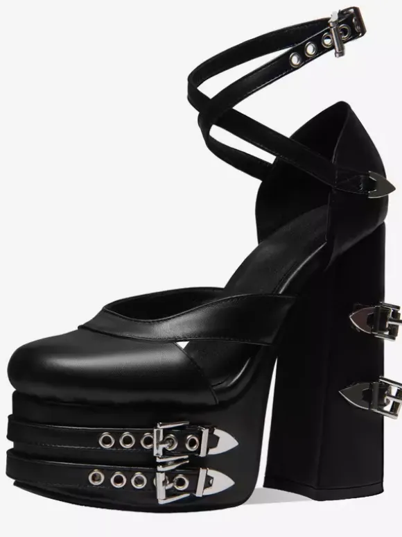 Black High Heels Platform Round Toe Metal Detail Criss Cross Gothic Shoes