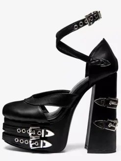 Black High Heels Platform Round Toe Metal Detail Criss Cross Gothic Shoes