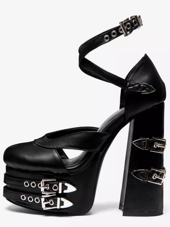 Black High Heels Platform Round Toe Metal Detail Criss Cross Gothic Shoes