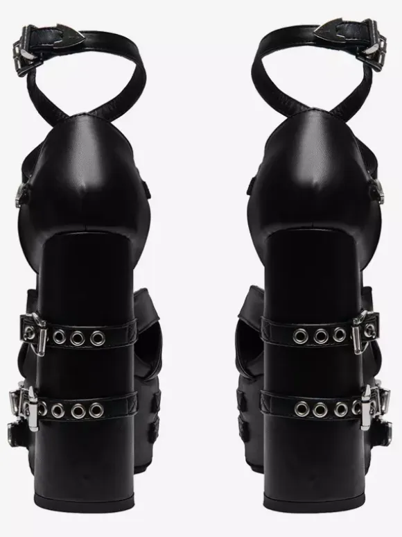 Black High Heels Platform Round Toe Metal Detail Criss Cross Gothic Shoes