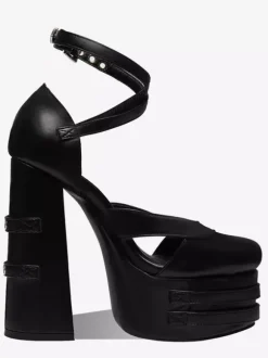 Black High Heels Platform Round Toe Metal Detail Criss Cross Gothic Shoes