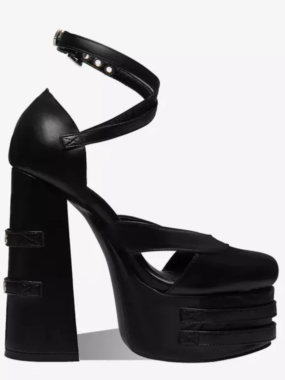 Black High Heels Platform Round Toe Metal Detail Criss Cross Gothic Shoes