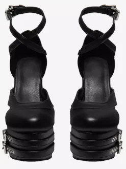 Black High Heels Platform Round Toe Metal Detail Criss Cross Gothic Shoes