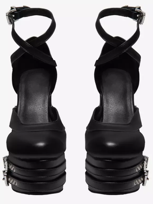 Black High Heels Platform Round Toe Metal Detail Criss Cross Gothic Shoes
