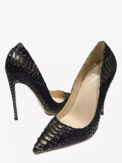 Black High Heels Plus Siez Pointed Toe Snake Pattern Slip On Dress Shoes