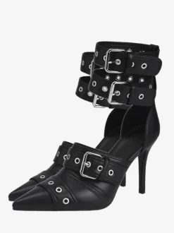 Black High Heels Pointed Toe Buckle Detail Stiletto Heel Pumps