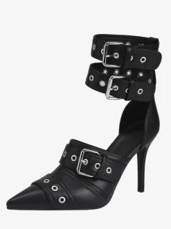 Black High Heels Pointed Toe Buckle Detail Stiletto Heel Pumps