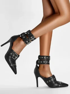Black High Heels Pointed Toe Buckle Detail Stiletto Heel Pumps