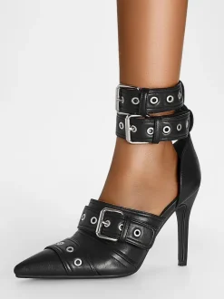 Black High Heels Pointed Toe Buckle Detail Stiletto Heel Pumps