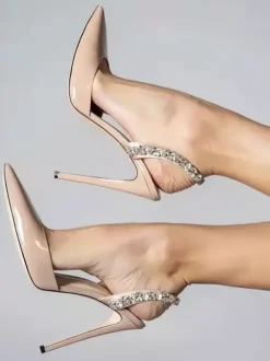 Black High Heels Pointed Toe Rhinestones Slingback Party Pumps