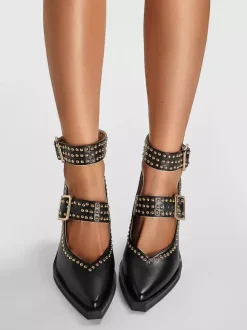 Black High Heels Pointed Toe Studed Buckle Detail Chunky Heel Pumps