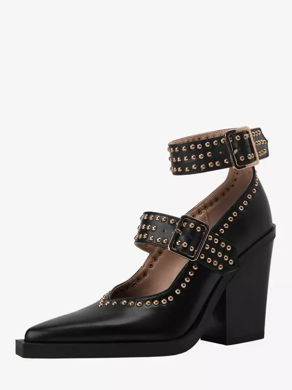 Black High Heels Pointed Toe Studed Buckle Detail Chunky Heel Pumps