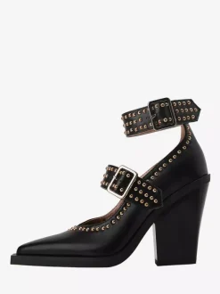 Black High Heels Pointed Toe Studed Buckle Detail Chunky Heel Pumps