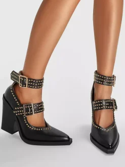 Black High Heels Pointed Toe Studed Buckle Detail Chunky Heel Pumps