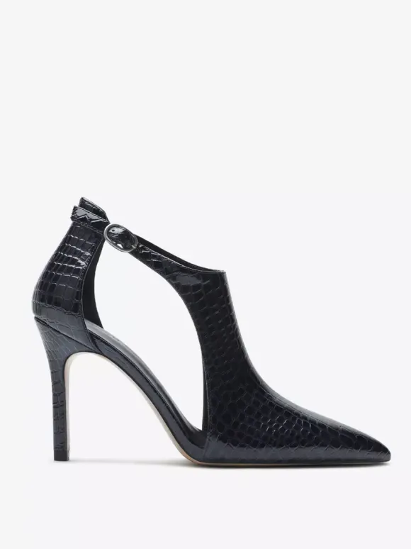 Black High Heels Snake Pattern Pointed Toe Cut Out Ankle Strap Dress Shoes