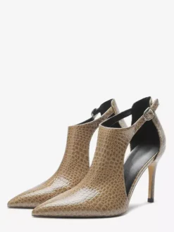 Black High Heels Snake Pattern Pointed Toe Cut Out Ankle Strap Dress Shoes