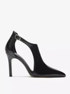Black High Heels Snake Pattern Pointed Toe Cut Out Ankle Strap Dress Shoes