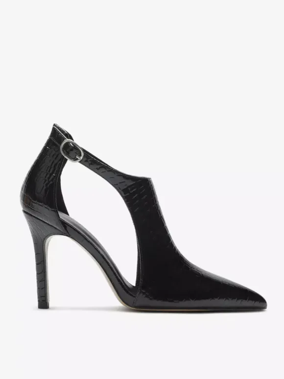 Black High Heels Snake Pattern Pointed Toe Cut Out Ankle Strap Dress Shoes