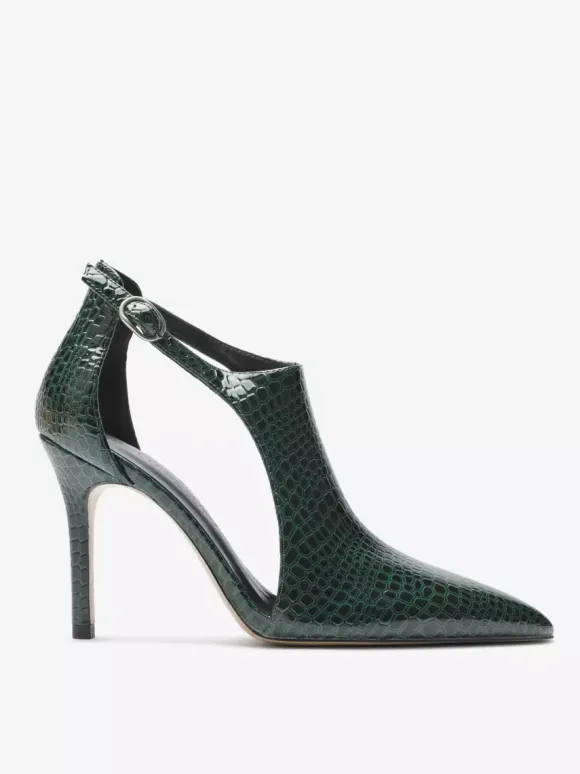 Black High Heels Snake Pattern Pointed Toe Cut Out Ankle Strap Dress Shoes