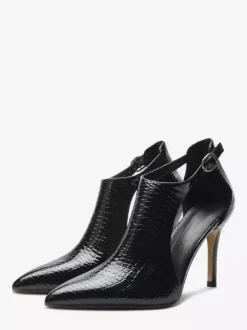 Black High Heels Snake Pattern Pointed Toe Cut Out Ankle Strap Dress Shoes