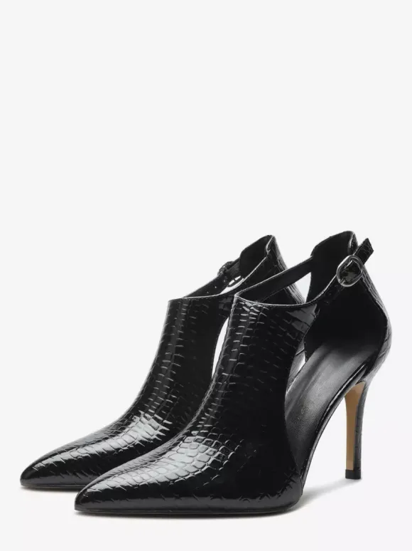 Black High Heels Snake Pattern Pointed Toe Cut Out Ankle Strap Dress Shoes