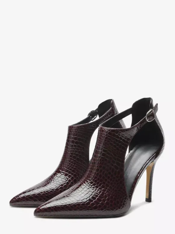 Black High Heels Snake Pattern Pointed Toe Cut Out Ankle Strap Dress Shoes
