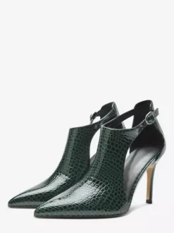 Black High Heels Snake Pattern Pointed Toe Cut Out Ankle Strap Dress Shoes