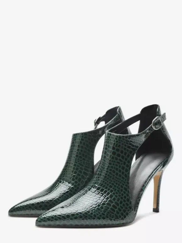 Black High Heels Snake Pattern Pointed Toe Cut Out Ankle Strap Dress Shoes