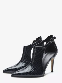 Black High Heels Snake Pattern Pointed Toe Cut Out Ankle Strap Dress Shoes