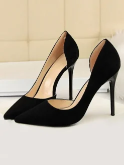 Black High Heels Suede Pointed Toe Stiletto Heel Pumps Women Dress Shoes