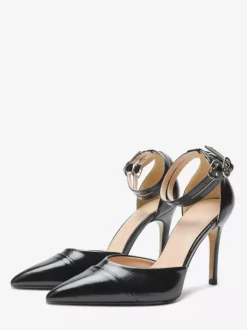 Black High Heels Women's Pointed Toe Ankle Strap Pumps
