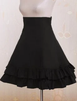 Black High Waist Lolita Short Skirt Lace Up Layered Ruffles
