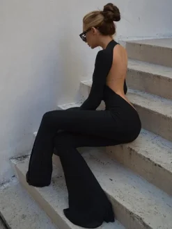 Black Jewel Neck Long Sleeves Cut Out Backless Jumpsuit Flared Summer One Piece Outfit