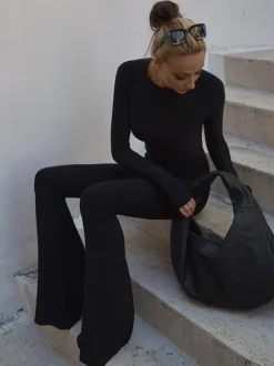 Black Jewel Neck Long Sleeves Cut Out Backless Jumpsuit Flared Summer One Piece Outfit