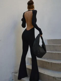 Black Jewel Neck Long Sleeves Cut Out Backless Jumpsuit Flared Summer One Piece Outfit