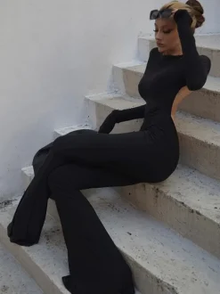 Black Jewel Neck Long Sleeves Cut Out Backless Jumpsuit Flared Summer One Piece Outfit