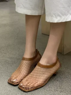 Black Kitten Heel Pumps Mesh Square Toe Pumps