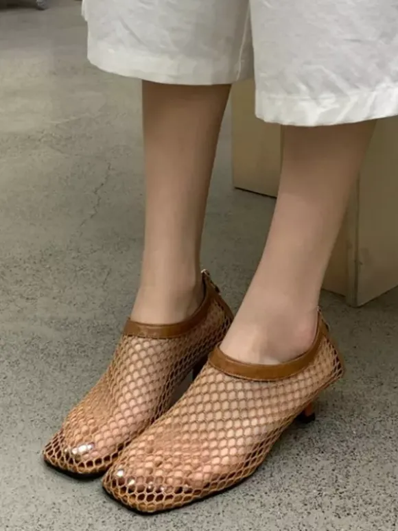 Black Kitten Heel Pumps Mesh Square Toe Pumps